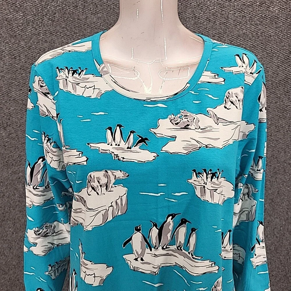 Womens Long Sleeves Allover Graphic Printed Top Petite X-Large Size Tee Shirt
